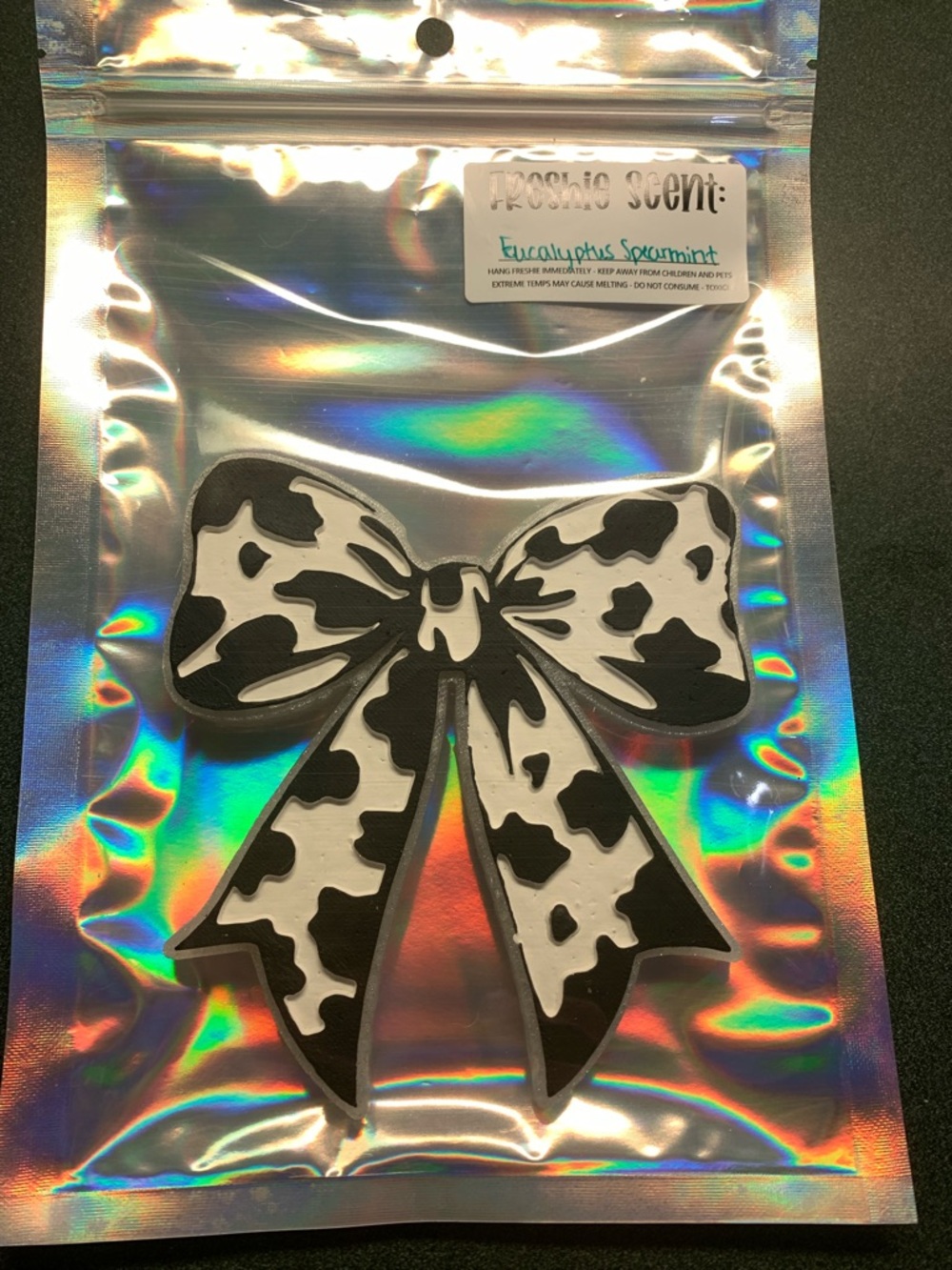 Cow Print Bow Black & White Car Freshie in Eucalyptus Spearmint